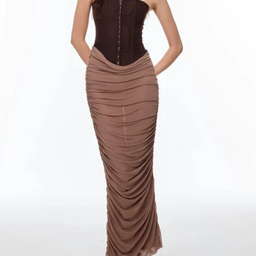 Hit Color Slimming Spliced Folds Sexy Dresses for Women Strapless Sleeveless Tunic Long Dress Female Clothing New